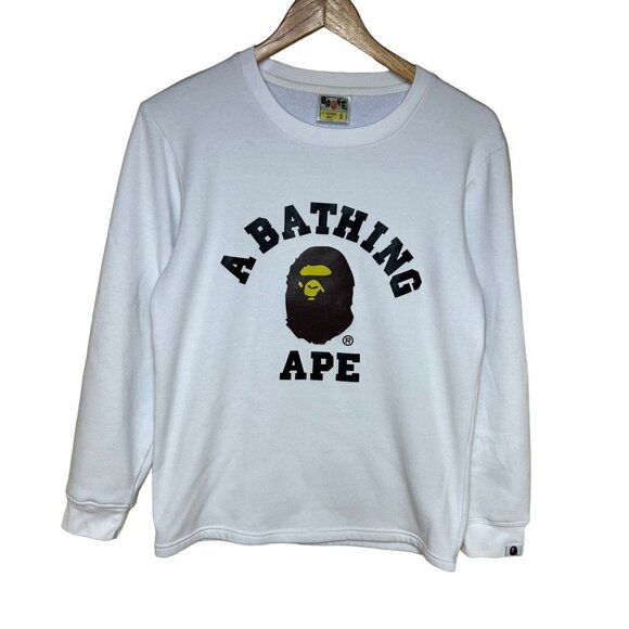BAPE  A Bathing Ape College Crewneck White Fleece Lined‎ Size Small Unisex - Picture 1 of 10